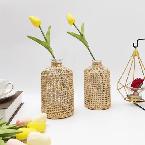 Vase à fleurs en verre et paille rustique de table - 7