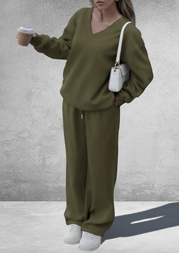 PRETTYGARDEN Casual Winter Two Piece Sets for Women 2025 V Neck Sweatshirt Loose Wide Leg Pants Tracksuit Knit Fall Outfits3