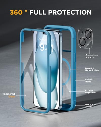 Image of Miracase Magnetic for iPhone 15 Plus Case 6.7'' [Compatible with Magsafe] Full-Body Military Drop Proof 15 Plus Phone Case Cover with Built-in 9H Tempered Glass Screen Protector,Magnetic Blue