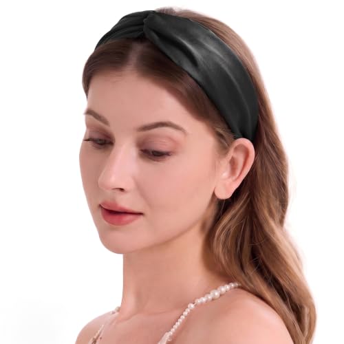 Image of ZLYC Mulberry Silk Headband for Women's Hair Elastic Hairband, Solid Black