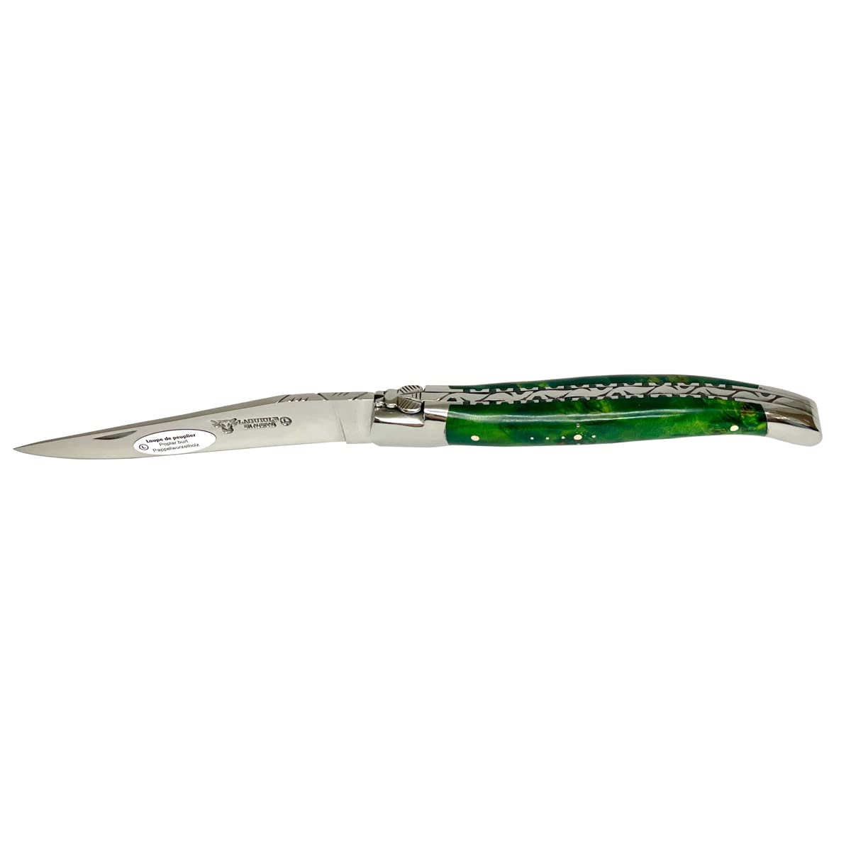 Laguiole en Aubrac Handmade Luxury Handcarved Plates Folding Pocket Knife, 4.8-in (12cm), Stabilized Green Poplar Burl Handle, Hand Forged Bee, Stainless Steel Polished Bolsters