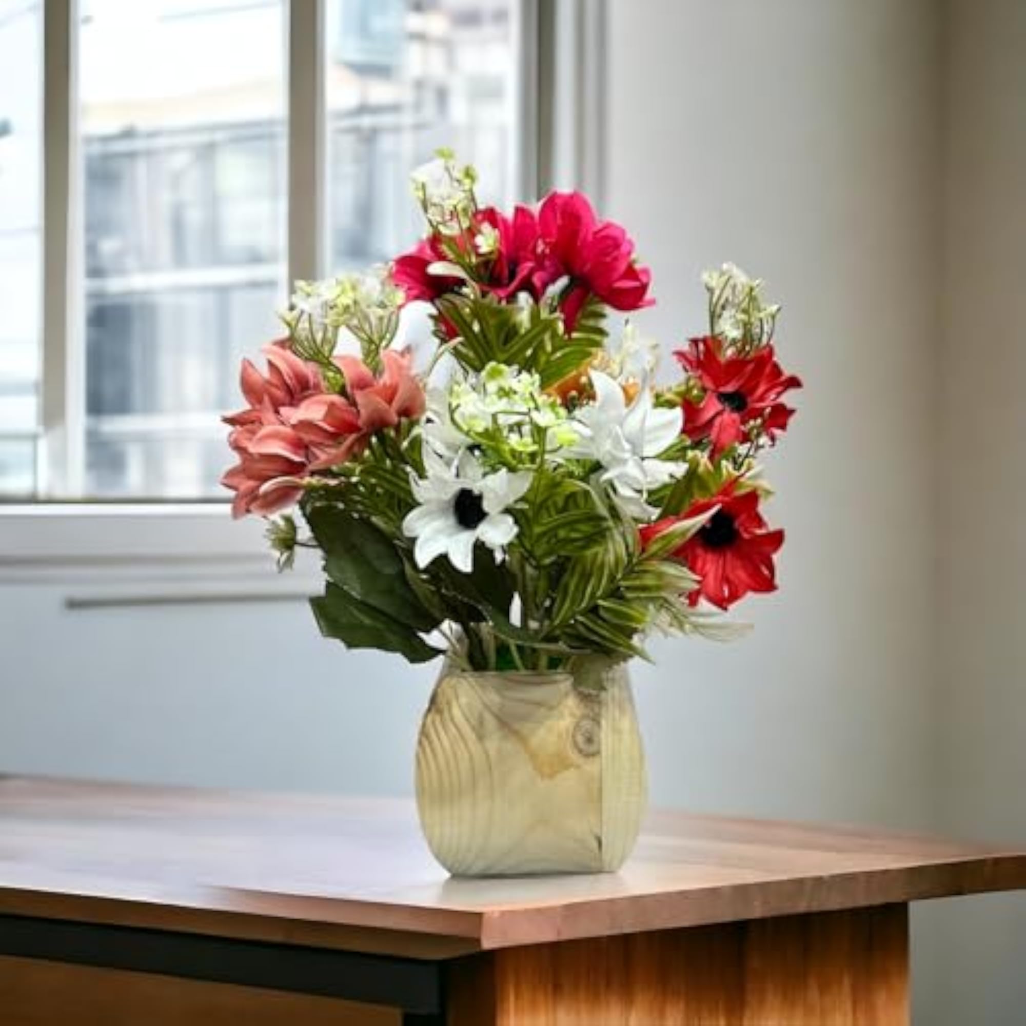 Wooden Pot with Multi-Design Dry Artificial Flowers, Elegant Décor Gift