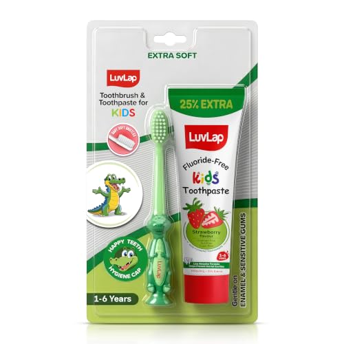 Image of LuvLap Baby Toothpaste for Kids 80gm + 25% Extra, Strawberry Flavour with Free Toothbrush, SLS & Fluoride Free Baby Toothpaste, Prevents Bacteria & Cavities, Ensures Healthy Teeth & Gums, 12M+