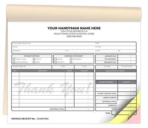 Custom Printed 8.5 x 7 inches Carbonless Handyman Invoice Receipt Books - NCR 3-Part Staple Bound Pads with Manila Cover Personalized with Your Company Name - 300 Qty