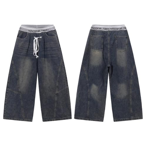 Double Waist Sweatpants Wide Leg Denim Pants with Elastic Drawstring Double Waisted Washed Sweatpant Jeans3