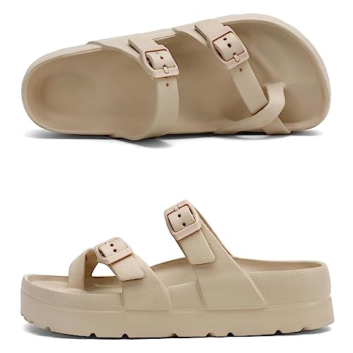Image of TIKVAW Womens Arch Support Platform Sandals Comfort Slides Thick Soles Flat Sandals With Adjustable Buckle & Ultra Cushion