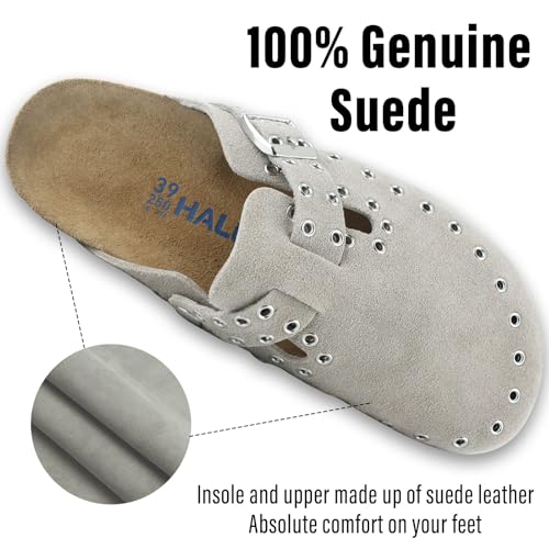 Women's Suede Clogs Leather Mules Cork Footbed Rivet Potato Shoes with Arch Support Men's Comfort Slip-On Clogs2