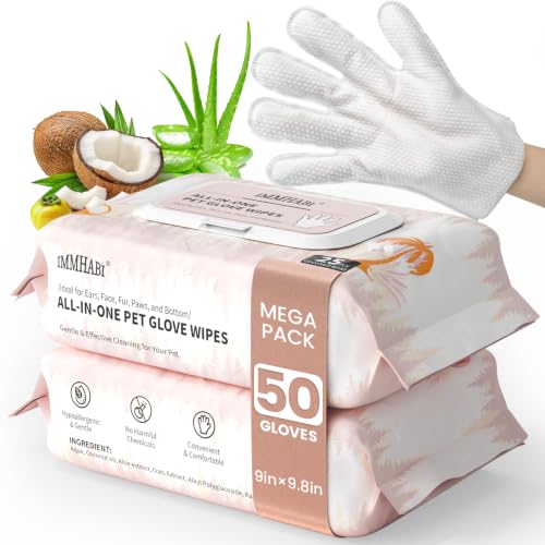 Image of IMMHABI 50 Count Cleaning Deodorizing Pet Glove Wipes for Dogs & Cats, Hypoallergenic Dog Bath Wipes with Natural Deodorizer Persimmon Tannin, Pet Bathing Wipes for Horse Coat Care Coconut Scent