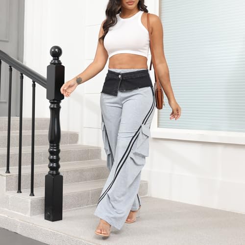 ThusFar Women High Waist Wide Leg Sweatpants with Patchwork Jean Straight Leg Striped Denim Pants Trendy Jean3