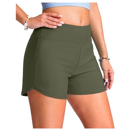 G Gradual Women's 4" Swim Board Shorts High Waisted Tummy Control Swimsuit Bathing Suit Bottoms for Women with Liner Pocket(Olive,M)