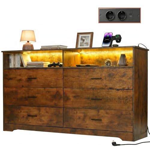 ZZINOKE Kommode mit LED & Steckdosen, 150cm Breite Schubladenschrank mit 2 Offenen Fächern, 6 Schubladen Aufbewahrungsschrank aus Holz für Schlafzimmer, Wohnzimmer, Flur, Vintage braun, 150x40x94,5cm