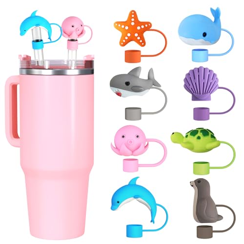 8pcs Sea Animal Cute Silicone Straw Cover Cap for Stanley Cup Straw Topper fit 30&40 Oz Tumbler with Handle 10mm 0.4in Straw Protectors