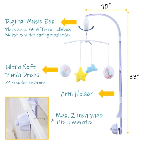 Crib Mobile For Girls Boys, Baby Mobile For Crib With Digital Music Box Special 35 Lullabies For Baby Gifts Ages Newborn +, Pink Unicorn - Yellow Star - Blue Cloud - Rainbow #TOP4