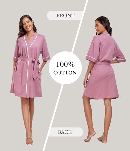 Image of ANLIQI Womens 100% Cotton Robes Lightweight Summer Short Sleeve Lady Bathrobe Knee Length Kimono Robe Sleepwear with Pockets