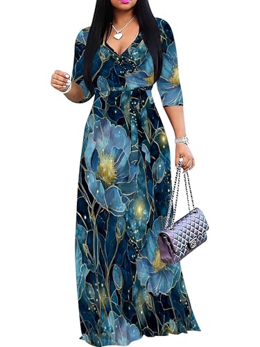 Image of Plus Size Dresses for Women Floral Print Maxi Dress Flowy 3 /4 Sleeve with Belt