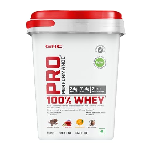 Image of GNC Pro Performance 100% Whey Protein Powder | 8.8 Lbs : 4 KG (1 KG X 4 Flavour Pouches) + Bucket | 24g Protein | Chocolate Supreme | Kesar Pista | Mango Smoothie | Cafe Mocha | 5.5g BCAA | Boosts Strength & Endurance | Builds Lean Muscles | Fastens Muscle Recovery | Formulated In USA