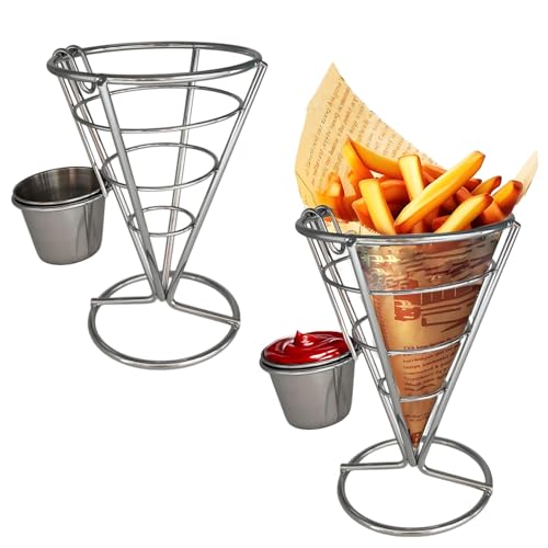 MIAO YUAN 2PCS Cone Shaped French Fry Cup Holders Stainless Steel Serving Basket Chip Dipping Set Snack Display Stand for Restaurant Party Picnic