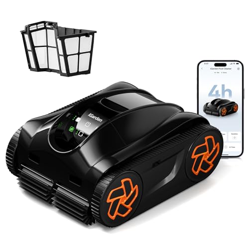 iGarden Robotic Pool Cleaner, Cordless Pool Vacuum for All Pool Shapes, 4H Runtime, Intelligent Navigation & AI Timer, Cleans Floor, Walls & Waterline, Touchscreen & App Control, 4L Filter, Obsidian
