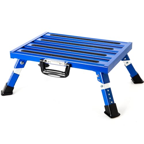 Homeon Wheels Aluminium RV Steps Adjustable Folding Step Stool with Non-Slip Rubber Feet Stable Platform Safety Strips Handle Easy Carry Outdoor Camper Trailer Travel - Blue
