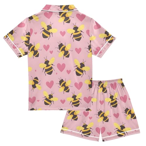 ALAZA Beautiful Bee Heart Love Satin Pajamas Set Short Sleeve Button Down Sleepwear Summer Pjs 2 Piece2