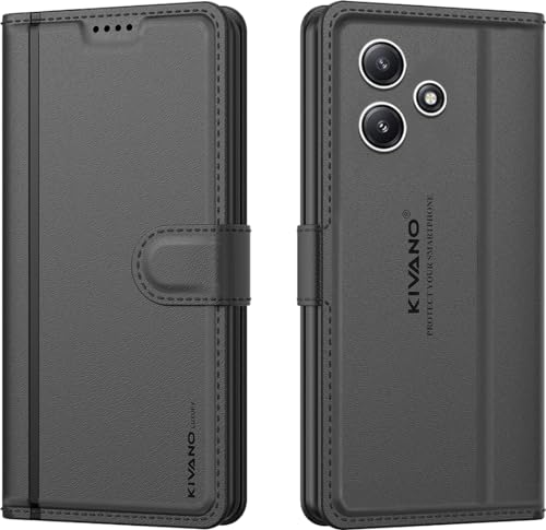 Image of KIVANO LUXE Compatible for Redmi 12 5G / Poco M6 Pro Luxury Handmade Leather Magnetic Flip Folio Case | Card Holder & Kickstand | Slim Protective Cover | Unisex - Black