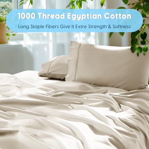 Image of SONORO KATE 1000 Series 100% Egyptian Cotton Queen Sheet Set,4 Pieces | Soft,Breathable Long Staple,Sateen Weave,Luxury 5-Star Hotel Bed Sheets,16 inch Deep Pocket,Cream