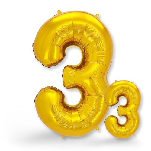 FUNXGO® Globos de aluminio dorado con el número 3, 2 unidades, 100 y 38 cm, para decoración de 3º cumpleaños, bodas, aniversarios o fiestas