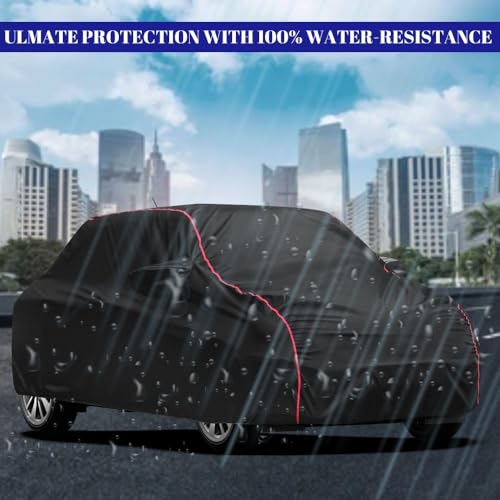 Image of MWISS Waterproof Car Cover for Land Rover Discovery | All-Weather Protection, Dustproof & UV Resistant | Triple Stitched Mirror Pockets, Windproof Buckle Strap with Elastic Hem, Black-Red Piping