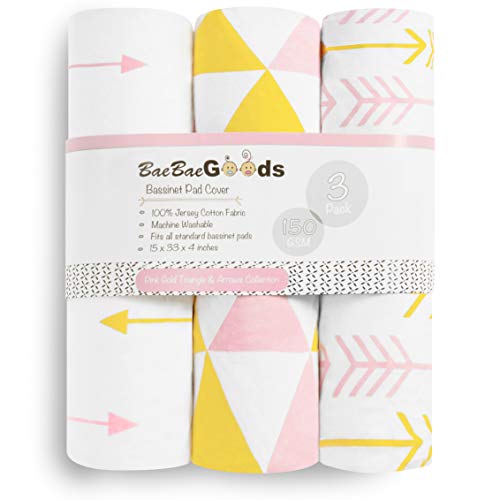 Bassinet Bed Sheets – Bassinet Fitted Sheets 3 Pack – 100% Jersey Knit Cotton Cradle Sheets – Bassinet Bedding for Standard Size Oval or Rectangular Bassinet Pads – Bassinet Sheet for Girl