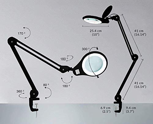 (New Model) Neatfi Bifocals 1,200 Lumens Super LED Magnifying Lamp with Clamp, 5 Diopter with 20 Diopter, Dimmable, 60 Pcs SMD LED, 5 Inches Diameter Lens, Adjustable Arm Utility Clamp (Black) - Thumbnail 3