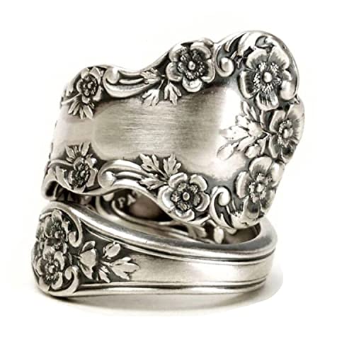 Rinhoo Vintage Silver Spoon Rings For Women Victorian Flower Open Adjustable Boho Floral Statement Jewelry, Size 6-10 (Us Size 6) #TOP14