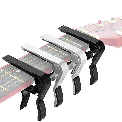 4 Pieces Guitar Capo Aluminum Metal Universal, Acoustic and Classical Electric Guitars, Bass, Banjo, Violin, Mandolin, Ukulele All Types Lightweight String Instrument (Black, Silver)