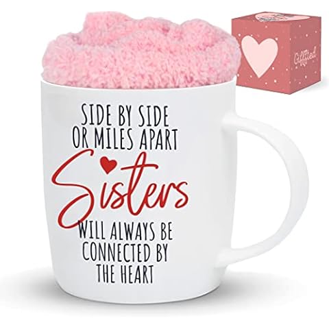 Triple Gifffted Sisters Gifts from Sister - Best Sister Ever Coffee Mug and Socks, Gift Idea for Sister on Christmas, Women's Birthday, Rakhi, Valentines, Mothers Day Mugs, Connected by Heart Cover