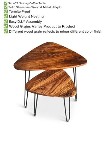 Image of REDWOOD Modern Nesting Coffee Table Set of 2 | Wooden Top Center Tables with Metal Hairpin Legs | Space Saving Living Room Furniture | Stylish Side & Accent Tables for Home Decor | Brown
