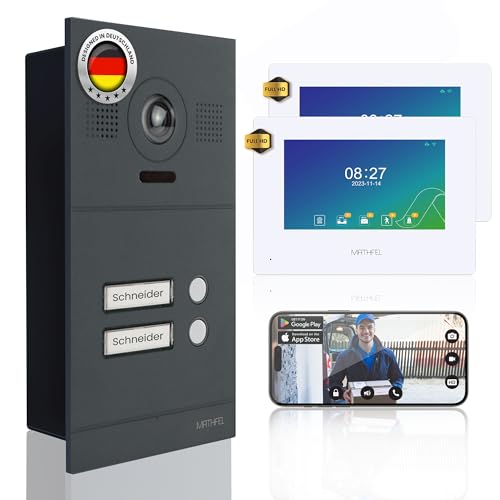 Mathfel 2-Draht IP Video-Türsprechanlage mit Türöffner – Full-HD Kamera, 7 Monitor & App-Steuerung – Smarte Video-Türklingel mit Gegensprechanlage (Anthrazit, 2 Klingeltaster)