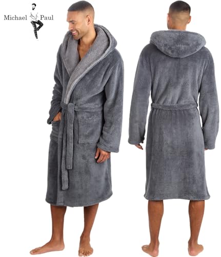 Michael Paul Men's Hooded Soft Snuggle Fleece Dressing Gown (Medium, Grey/Grey) - 6