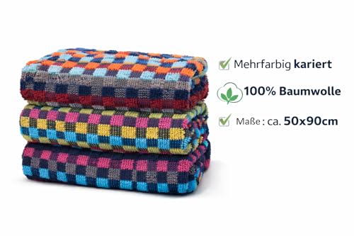 KH-Haushaltshandel 3er Pg. Frottier Grubentuch, 50 x 90 cm, Multicolor dunkel kariert, Handtuch, Geschirrtuch, 100% Baumwolle