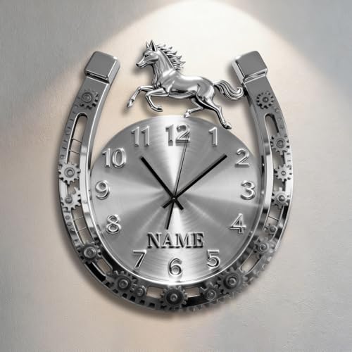 Certykllp Horloge murale en forme de fer à cheval imprimée en 2D personnalisée en acrylique avec nom pour les amateurs de chevaux, horloges décoratives...