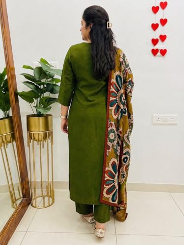 Image of ANNI Designer Kurta Set for Women Viscose Embroidered | Kurta Pant Dupatta Set for Woman | Straight 3 Piece Outfit V Neck 3 /4 Sleeve Stylish Ethnic Dress Trendy Womens Clothing
