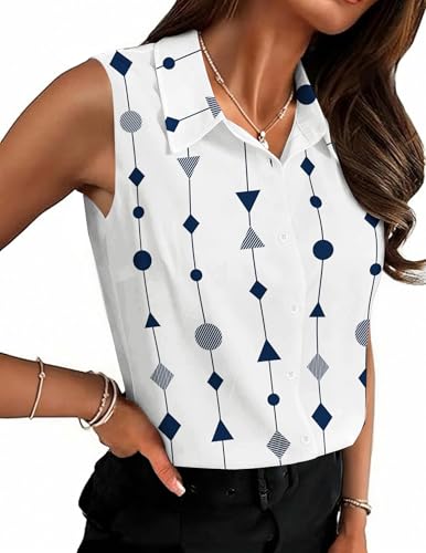 HOTOUCH Women Fashion Button Down Shirts V Neck Boho Printed Sleeveless Blouses Dressy Casual Spring Tops