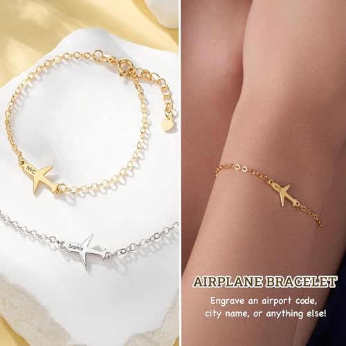 callie Personalized Airplane Bracelet - Custom Name, Sterling Silver 925/Stainless Steel Travel Aircraft Plane Bracelets Adjustable, Jewelry Gifts for Women Flight Attendant Pilots4