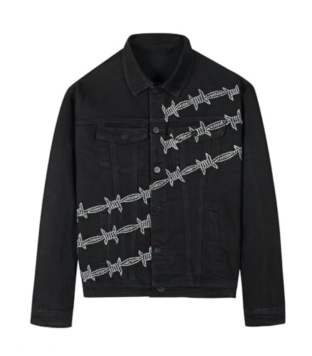 SHION7 Men's Denim Jacket, Slim Fit Streetwear Jean Jackets For Men, Fashionable Embellished Rhinestone Jeans Coat (US, Alpha, XX-Large, Regular, Regular, Black/Crystal Wire Stone)