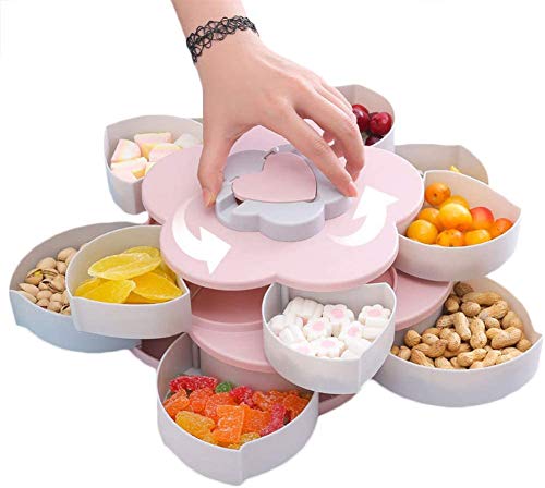 Rotating snack tray, creative fruit tray, double petal-shaped snack platter, 10 segmented candy containers with mobile phone holders, used for nut candy, dried fruit food storage organizer (Pink)