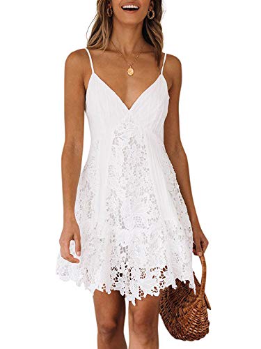 Domary Vestido feminino sexy de renda com decote em v alça espaguete de crochê de renda sem mangas m