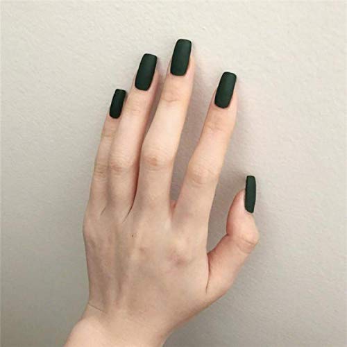 24 Stück/Set Mittellanger quadratischer Kopf Matte Fake Nagelspitzen Vollständige Abdeckung Acryl Tiefgrüne Nägel Frauen… – Bild 3