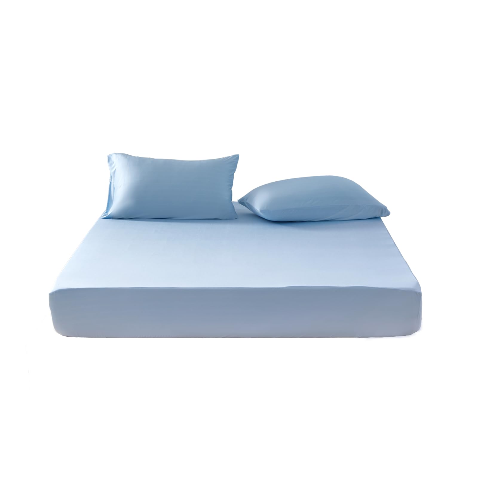 Lenzuolo con angoli elasticizzati estivi in raso, 160 x 200 cm, blu chiaro, 90% nylon + 10% elastan, Q-Max > 0,4, lenzuolo elastico fino a 30 cm di altezza, per sudorazione notturna e per dormire