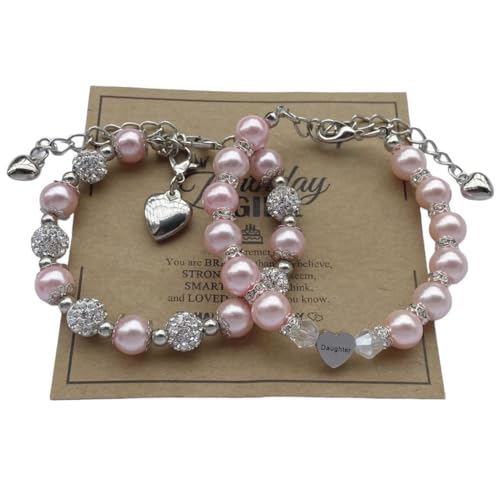 Image of DOLON 2 Pcs Imitation Pink Pearls Crystal Beads Heart Charm Bracelets Gift for Granddaughter,Sister,Daughter with Graduation Birthday Christmas First Day Wish Card