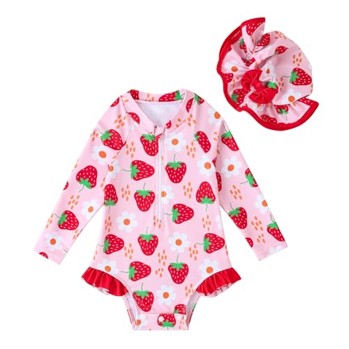 ADXSUN Baby Girl Swimsuit One-Piece Long Sleeve Rash Guard with Hat Set Strawberry/Flower Zipper Bathing Suit, Strawberry, 12-18 Months