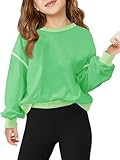Haloumoning Girls Casual Crewneck Sweatshirts Long Sleeve Color Block Loose Fit Fall Cute Pullover Tops 5-14 Years Green
