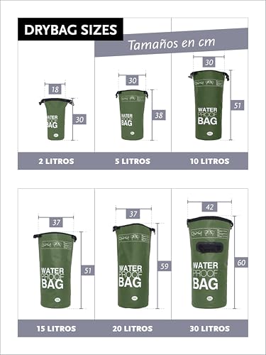 DonDon Dry Bag Bolsa Impermeable 2l, 5l, 10l, 15l, 20l, 30l con Bandolera - Oliva 15 litros - imagen 3